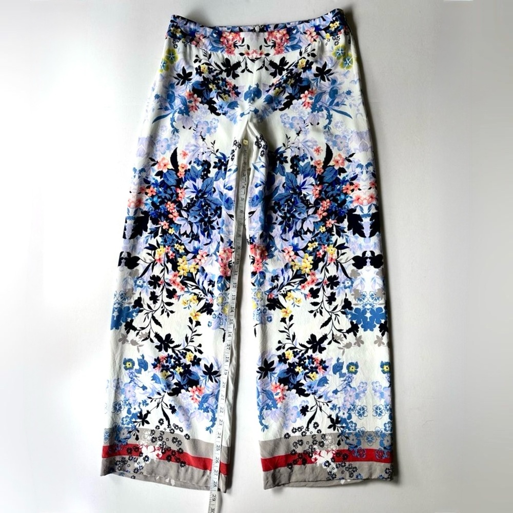 Worth New York Silk White Blue Multicolor Tropical Floral Print Wide Leg Pants 2 - Picture 7 of 10